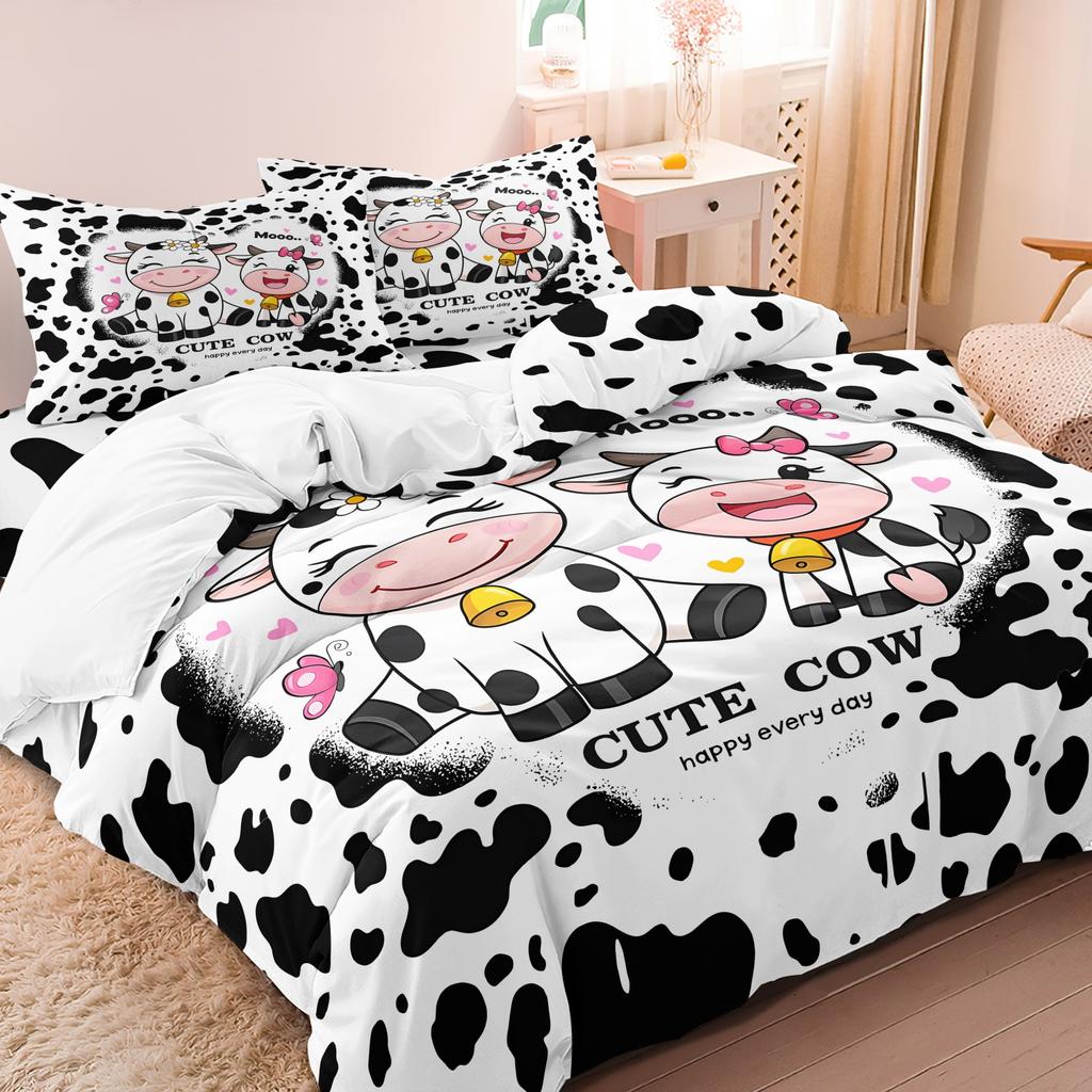 3pcs Love Heart Cow & Letter Butterfly Print Animal Theme Bedding DuBreathable Polyester, Machine Washable, All-Season