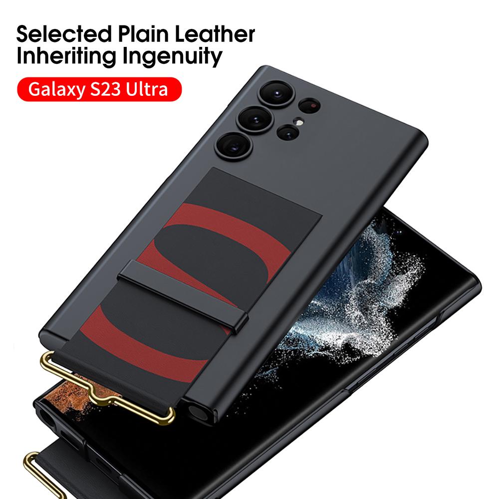 For Samsung Galaxy S23 Ultra S23 Plus Case Leather Wrist Strap Holder Cover Matte Plastic Protection For Galaxy S23 Ultra Cover