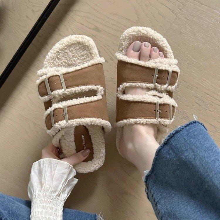 Fashion Women's Fashion Flat Woolen Shoes Autumn New Round Head Open Toe Belt Buckle Thick Bottom One Word with Cashmere Cotton Slippers