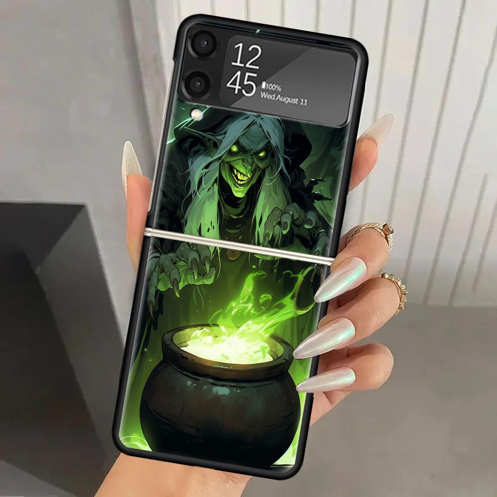 Halloween Moon Witch Horror Hard PC Phone Case For Samsung Galaxy Z Flip 7 6 5 4 3 Black ZFlip7 ZFlip6 Flip5 Flip4 Flip3 5G Prin