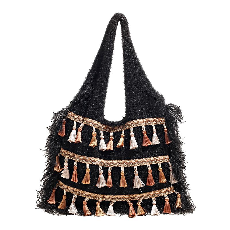 Knit Tassels Hobo Bags Bohemian Underarm Bag Ethnic Style Tote Bags for Women Work Shopping Travel Daily