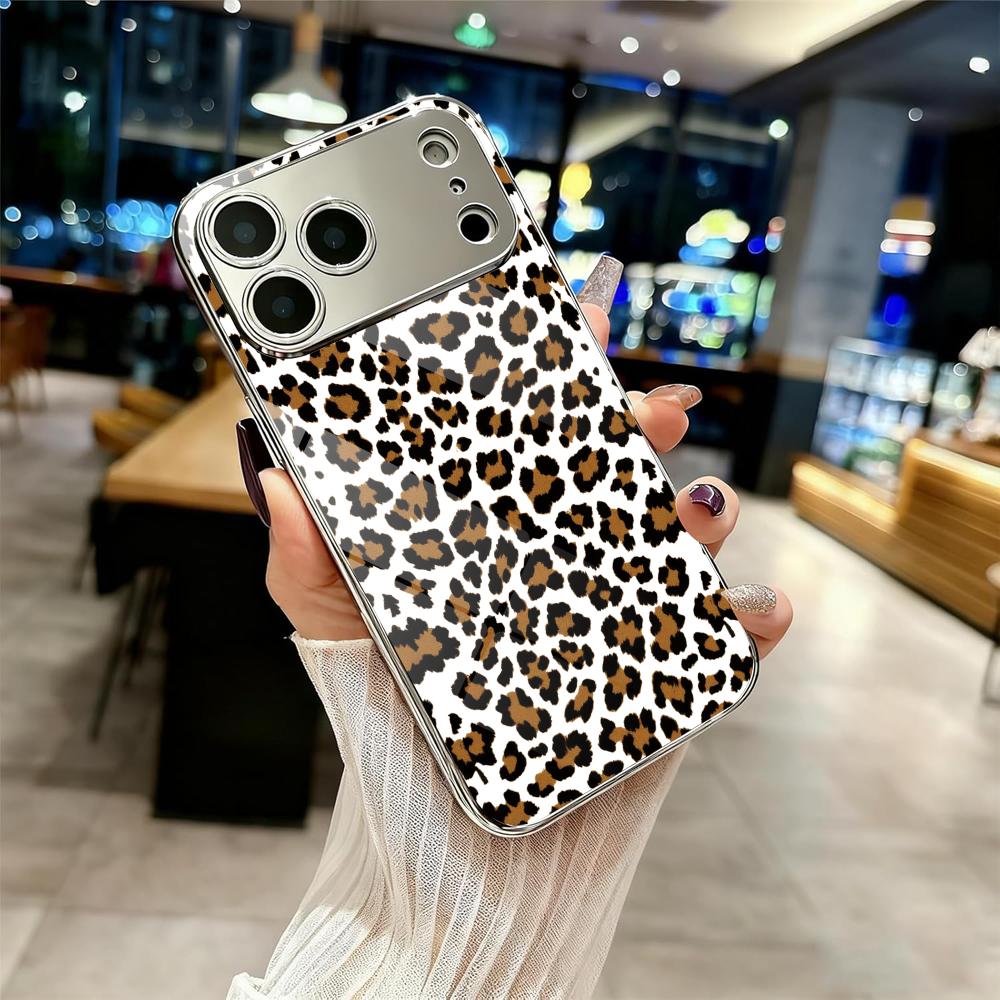 Fashion Leopard Cute Phone Case For iPhone 17 16 15 14 13 12 Pro Max Plus Electroplated Metal Shockproof Bumper Case Glass Back