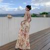 Super fairy pendulum atmosphere floral temperament waist thin pleated neck tube top suspender long skirt seaside vacation skirt
