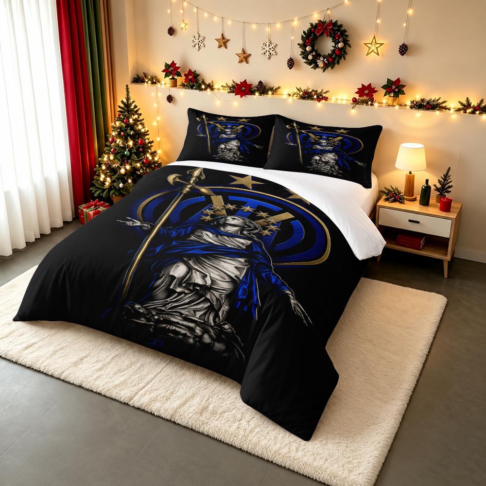 3 Piece Bedding Set Inter Milan Female Guardian Statue Golden Spear Blue Scarf Two Stars FC Logo Religious Style Art Print for Men Fan Gift
