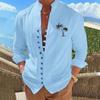 Sonbahar Uzun Kollu Dik Yaka Hindistan Cevizi Ağacı Baskılı Retro Slim Fit Erkek Günlük Gömlekler Plaj Stili Üst Erkek