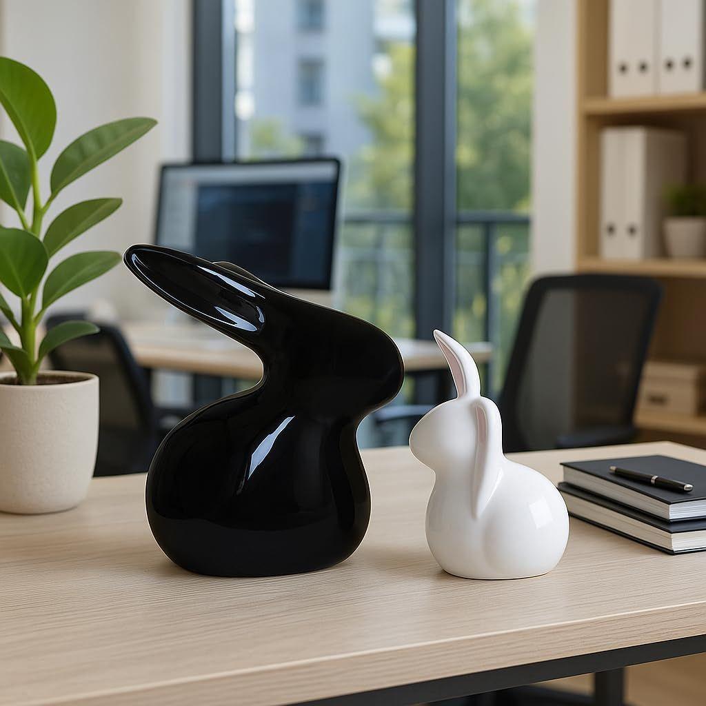 Home Decor Ceramic Rabbit Figurines (Set of 2, Black and White)