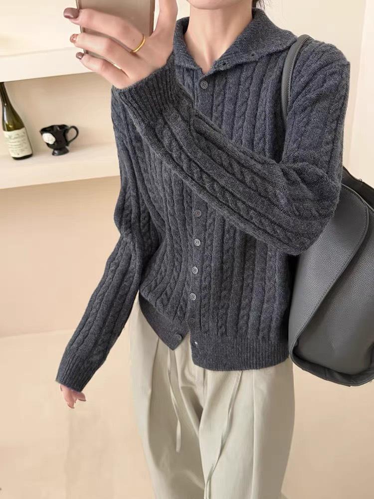 Women's High Neck Cable Knit Wool Cardigan – Autumn Winter Fashion, Thick Loose Fit, Long Sleeve Sweater