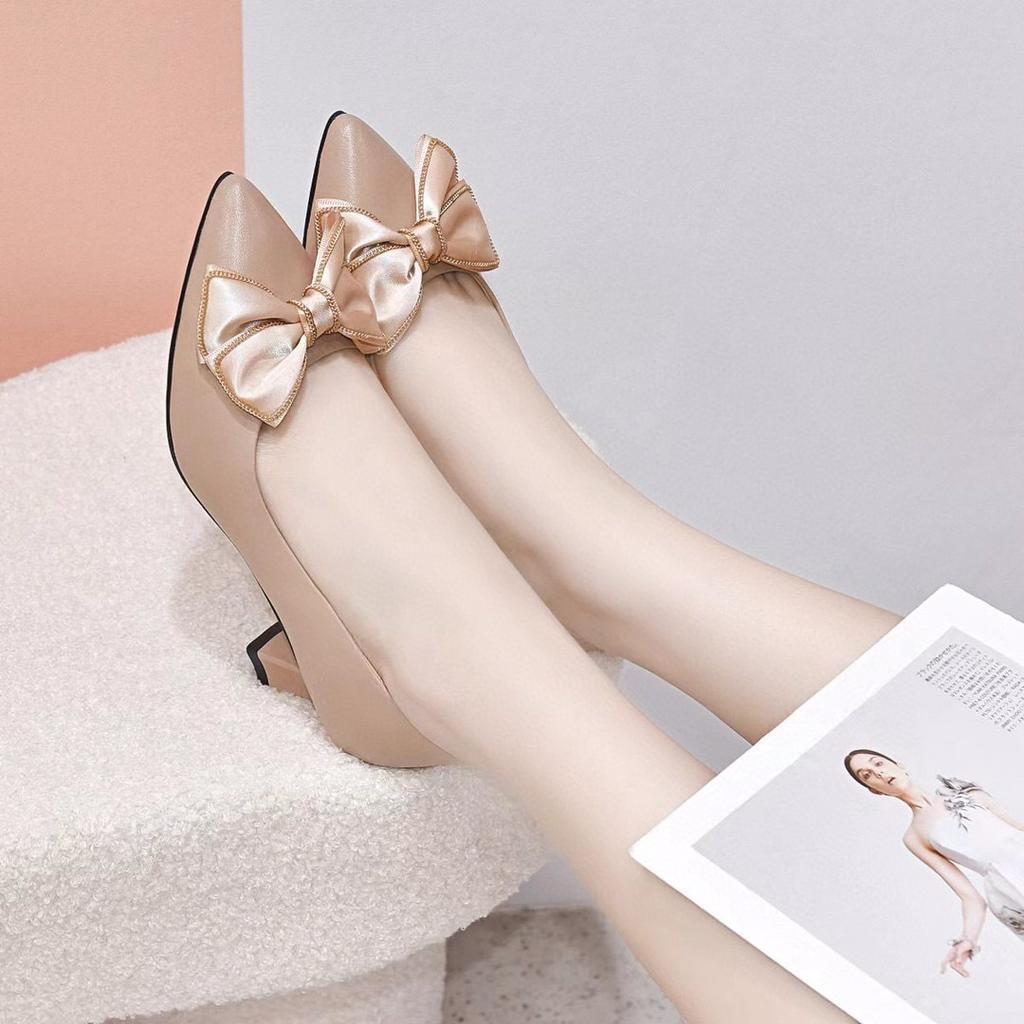 Pointed high heels women's spring and summer new bow cowhide shallow mouth single shoes simple temperament fashion shoes
