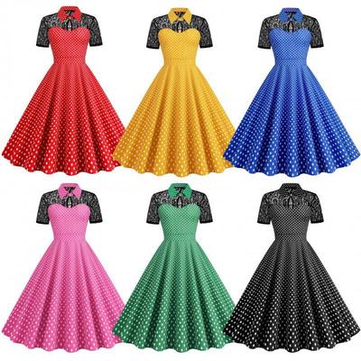 2023 Polka Dot Lace Splicing Short Sleeve French Swing Dress
