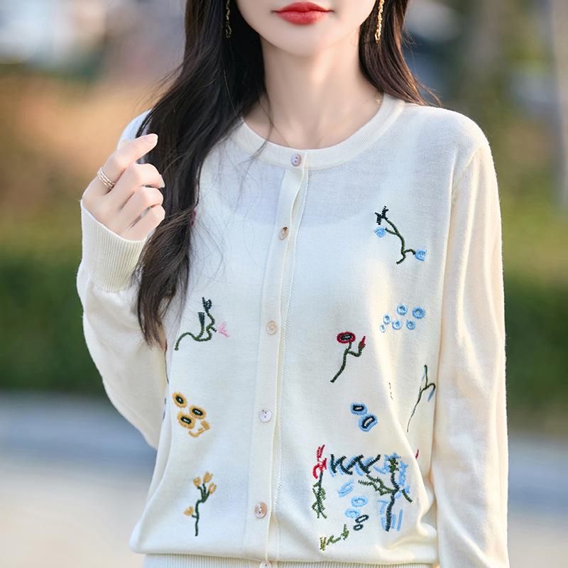 Autumn 2025 Fine Knit Round Neck Embroidered Loose Cardigan Wool Outerwear