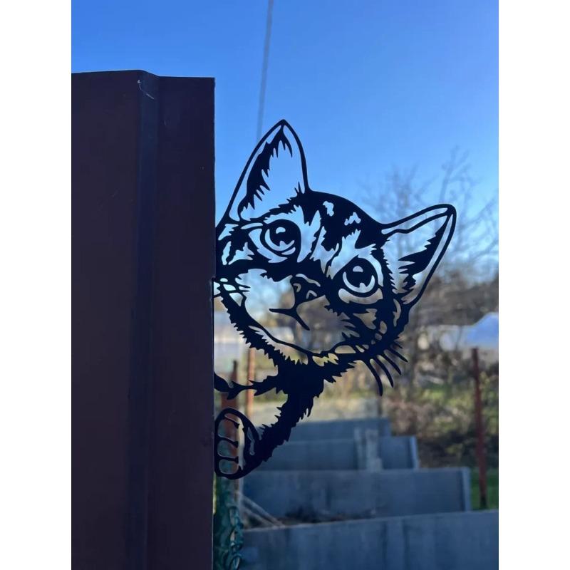 Metal Garden Cat Sculpture Playful Decor Fence Ornament