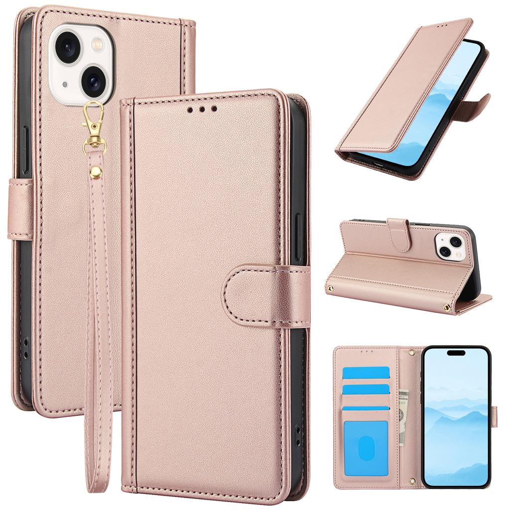 SY-003 For iPhone 15 Plus/14 Plus Case PU Leather Stand View Phone Wallet Cover with Hand Strap