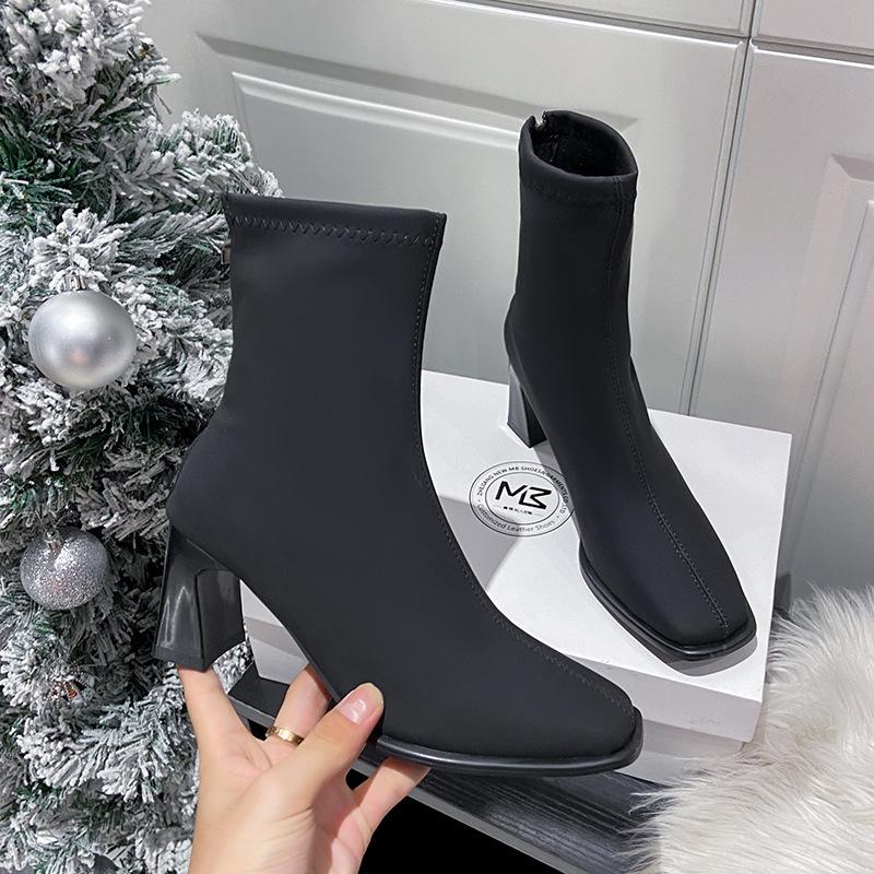 Martin Boots Women's Autumn 2025 New Square Head Thick Heel Elastic Zipper Thin Boots High Heels Short Boots Women's Boots