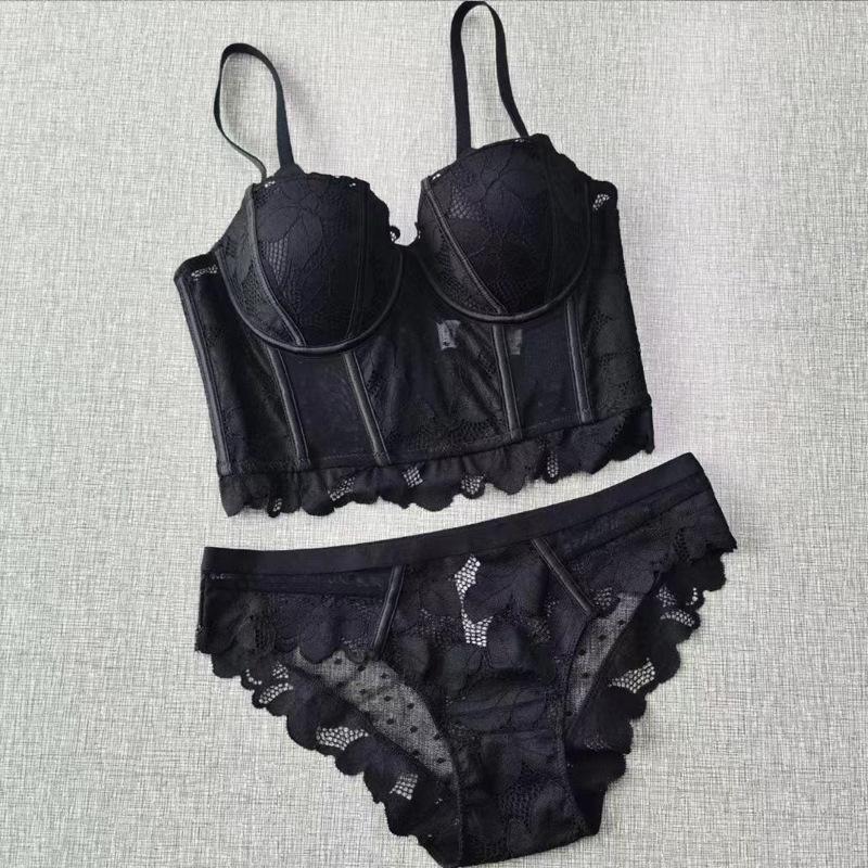 Set reggiseno push up lungo ricamato in pizzo francese Intimo donna sexy Set di reggiseno e mutandine traspiranti con body shaper a lisca di pesce
