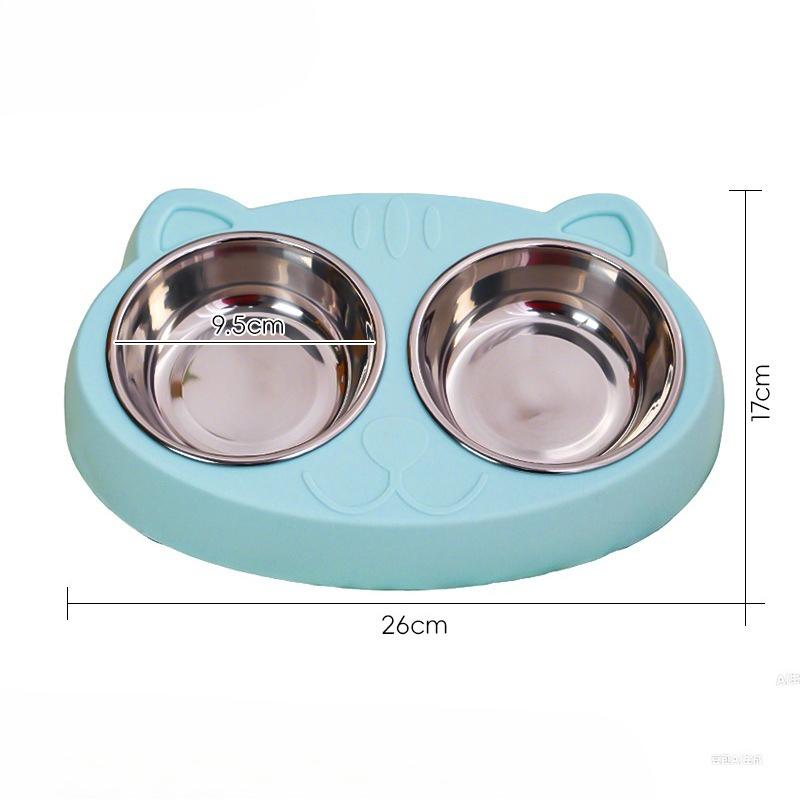 

Миска для кошек из нержавеющей стали с милым котом с большими глазами, миска для питомцев, миска для кошек и собак, двойная миска с защитой от опрокидывания, товары для питомцев синий