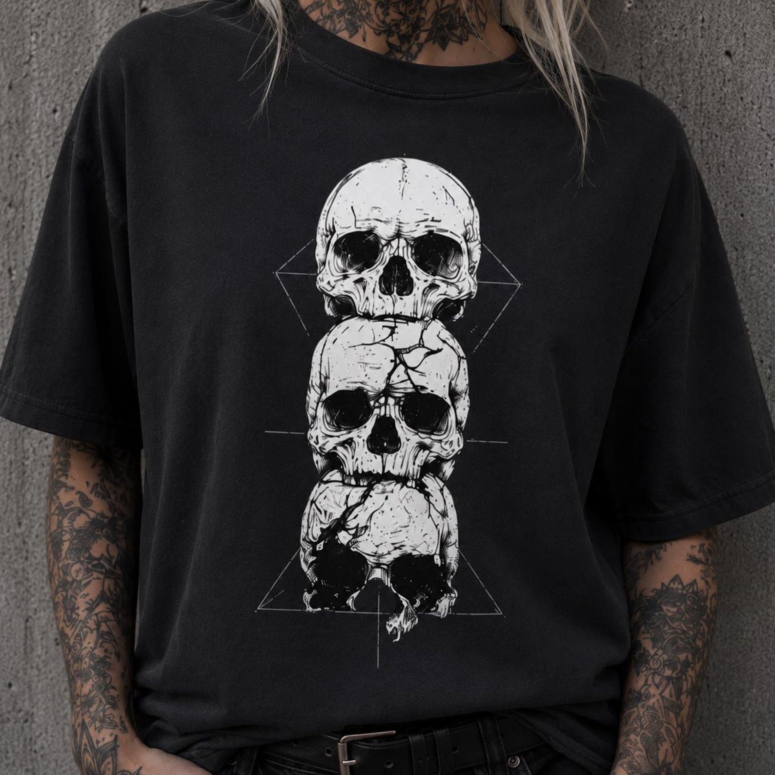Sacred Triangle Skull Shirt, Three Skull Geometry Graphic Tee, Occult Alt Clothing, Comfort Colors Goth Gift M