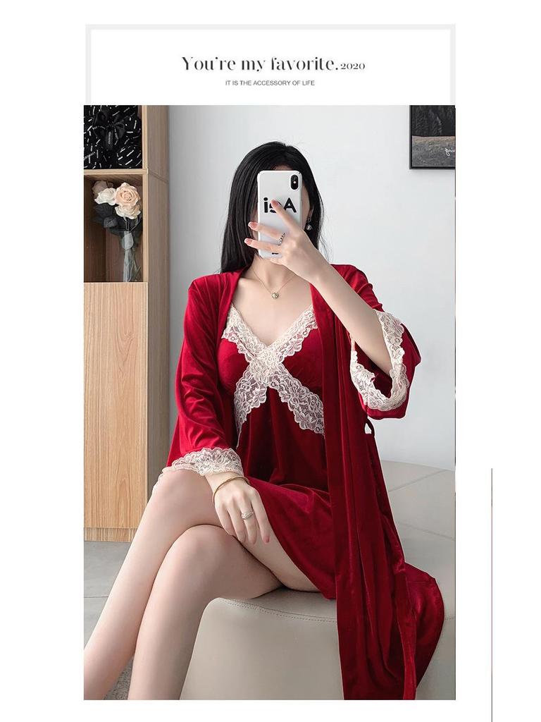 Autumn & Winter Sexy Gold Velvet Pajamas - Women's Lace Camisole Nightdress