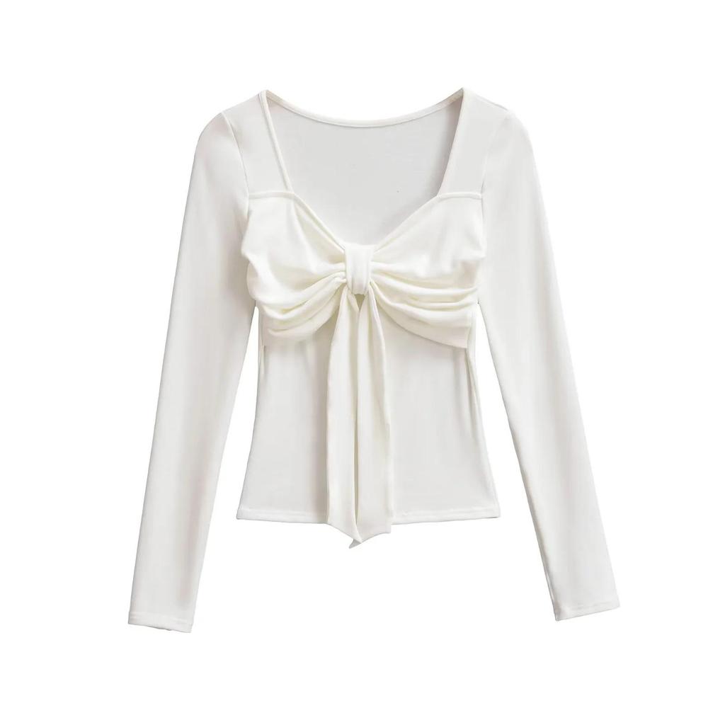 Sweet & Spicy Square Neck Bow Long Sleeve Women's Slim Fit Top