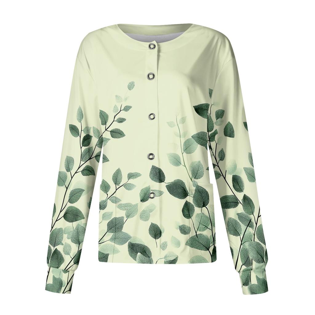 Women's Casual Long Sleeve Single Breasted Floral Print Caregiver Cardigan Top Lightweight Button Up Shirt for Daily Wear