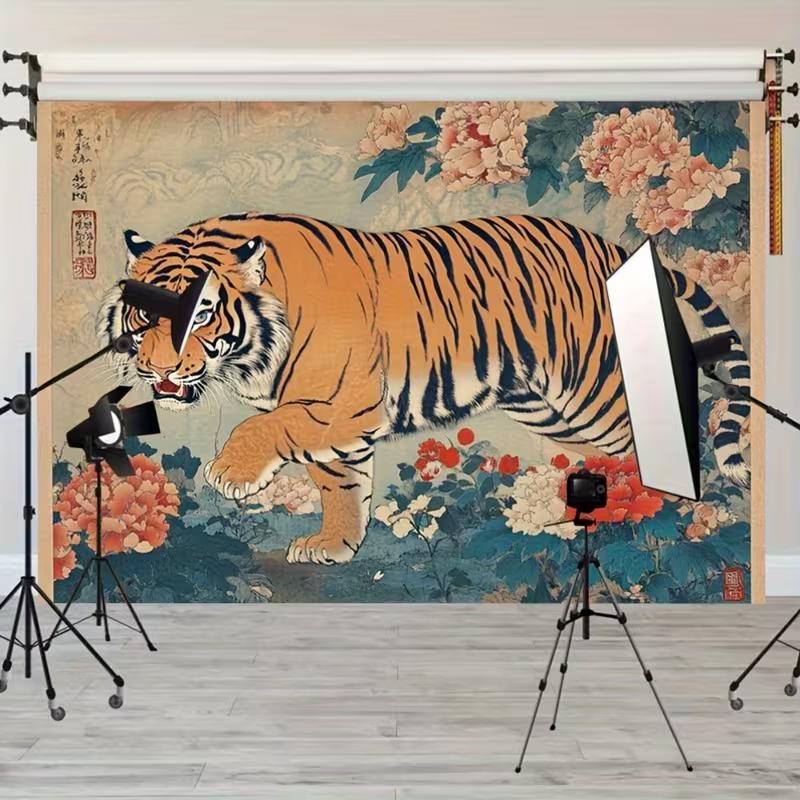 2D Traditional Japanese Tiger Tapestry Floral Peony Wall Hanging