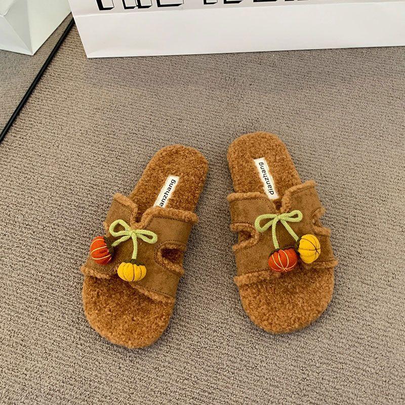 2025 autumn and winter open-toed double one-word with metal buckle Mao Mao shoes flat-soled fashionable versatile soft-soled women's casual slippers
