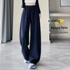 Women's Autumn 2025 Dark Blue High-Waisted Floor-Length Wide-Leg Trousers: Slimming Drape Style, Casual Fit (Model 23276)