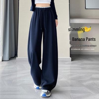 Women's Autumn 2025 Dark Blue High-Waisted Floor-Length Wide-Leg Trousers: Slimming Drape Style, Casual Fit (Model 23276)