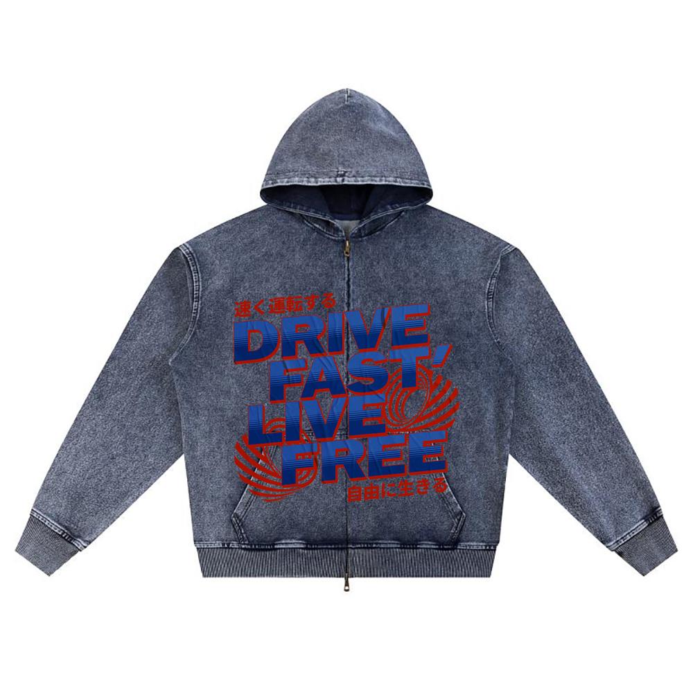 

Худи на молнии из вязаного денима с принтом DTG «Drive Fast & Life Free» и принтом Brother XL темно-синий