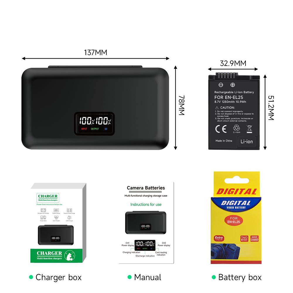 PALO EN-EL25 EN EL25 Battery with Storage Box /SD Card Interface /LCD Display 3 In 1 Charger for Nikon Z30 Z50 ZFC Z 50 Z FC