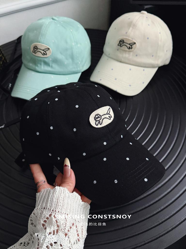Korean Ins Style Polka Dot Cat Embroidery Baseball Cap Women Summer UV Protection Face Slim Casual Soft Top Sun Hat
