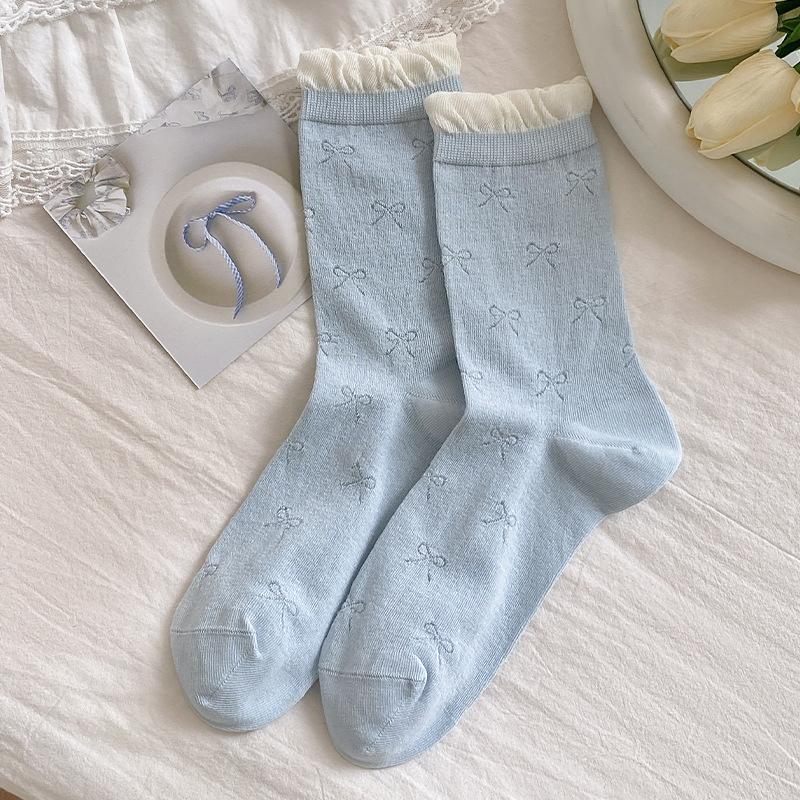 Female Spring and Autumn Solid Color Bow Ballet Style Boneless Pile Pile Cotton Socks