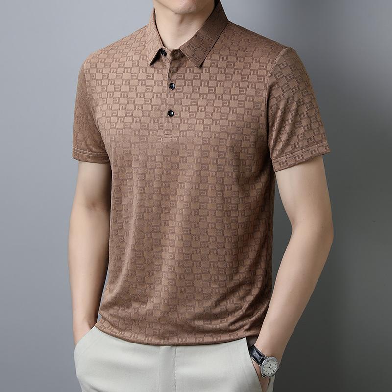 Ice Silk Hidden Plaid Polo Shirt Men'S Short-Sleeved T-Shirt Half-Sleeved Summer Lapel Breathable Medium Green