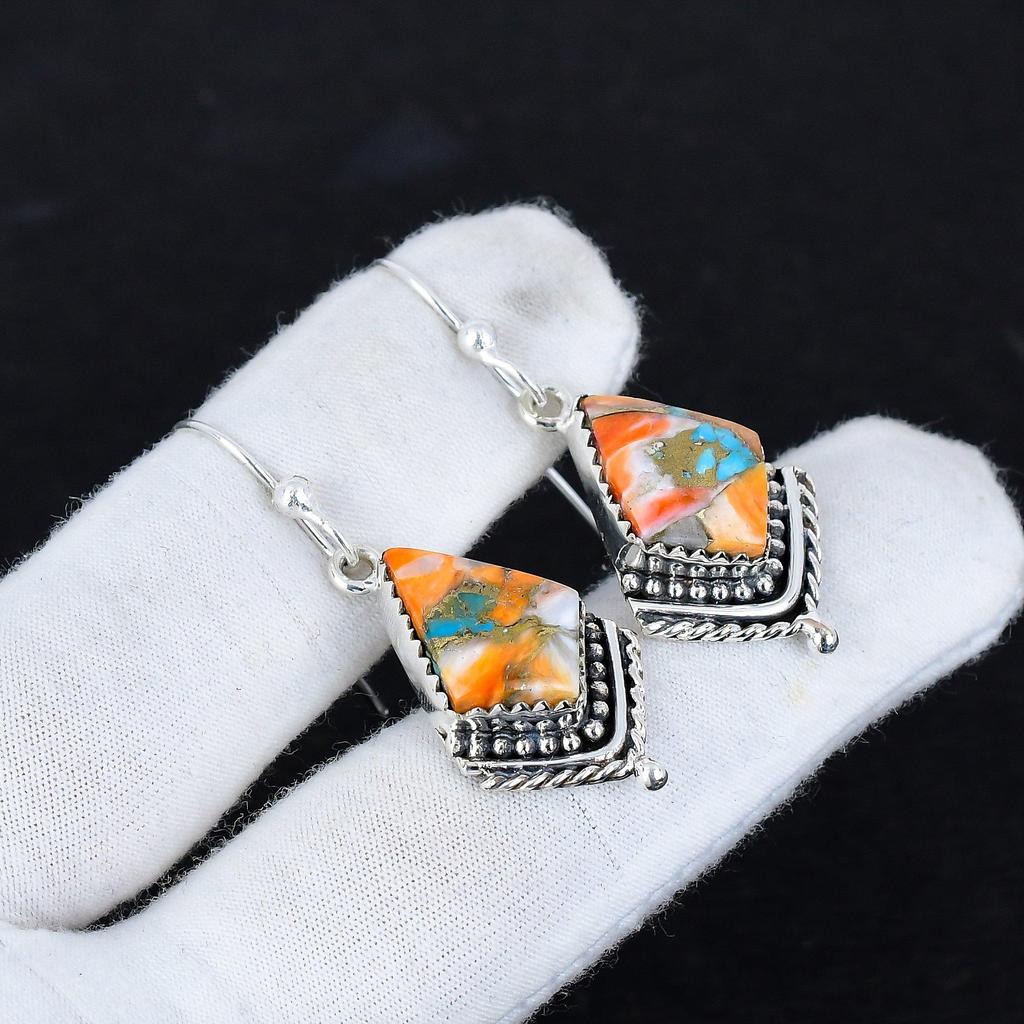 Naturalne Pomarańczowe Ostrygi Kolczaste Turkusowe Antyczne Kolczyki Srebro Próby 925 Kolczyki Wiszące, Biżuteria Boho Srebrna, Prezent na Dzień Kobiet
