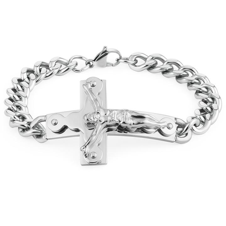 Crucifix Jesus Cross Charm Bracelets Stainless Steel Cuff Bracelets for Men Metal Cuban Hand Chain Religious Male Punk Jewelry