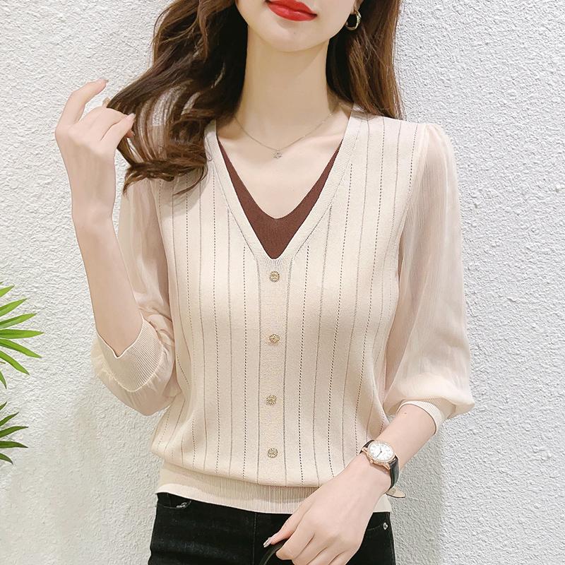 

Женские свитера, пуловеры 2025 Лето V-образный вырез Черный вязаный свитер Женские топы, пуловер JJ130 One Size абрикосовый