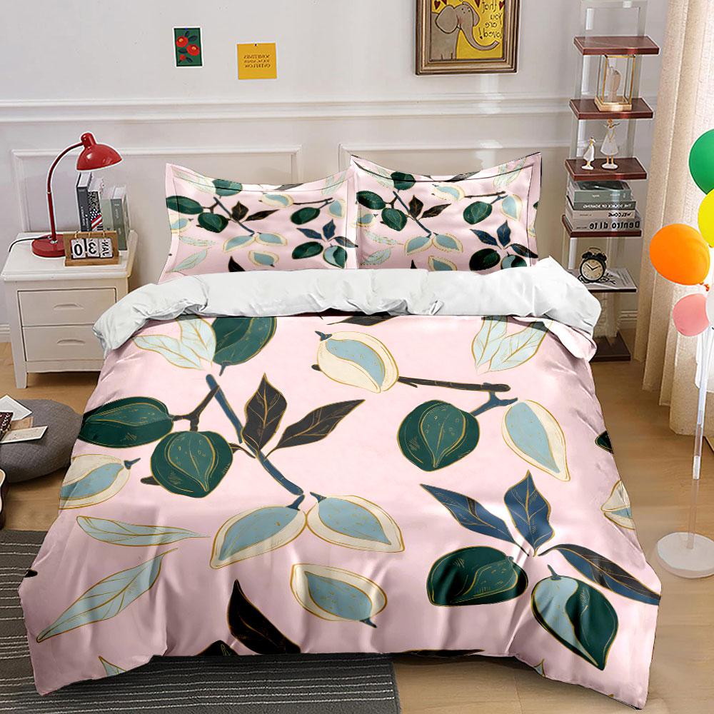 Delicate Hand-drawn Fruits and Leaves Print Bedding Set 1 Duvet Cover 2 Pillowcases for Adult and Children Luxury Gift Full Size