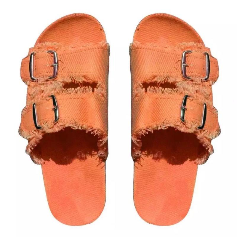 Summer new flat-bottomed slippers women's summer new large-size belt buckle one-word canvas cool slippers