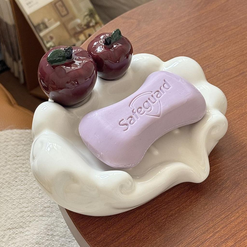 Luxury Ceramic Soap Dish with Drainage, Apple-Shaped Soap Holder for Bathroom Sink Countertop, Home Soap Tray