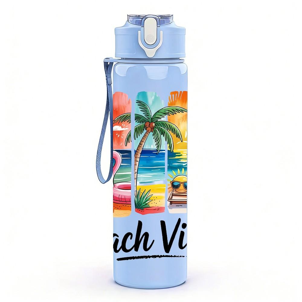 1PC Beach Vibes Tropical Retro Vacation Badge 750ml Color Plastic Sports Water Bottle Leakproof Flip Straw Lid Suitable for Sports Office Home Use