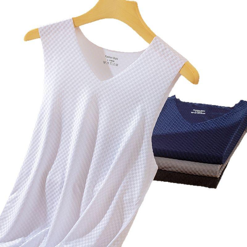 Men's Plaid Ice Silk Sleeveless Quick-Dry Tank Top - Breathable, Seamless Sports Fitness Undershirt for Summer.