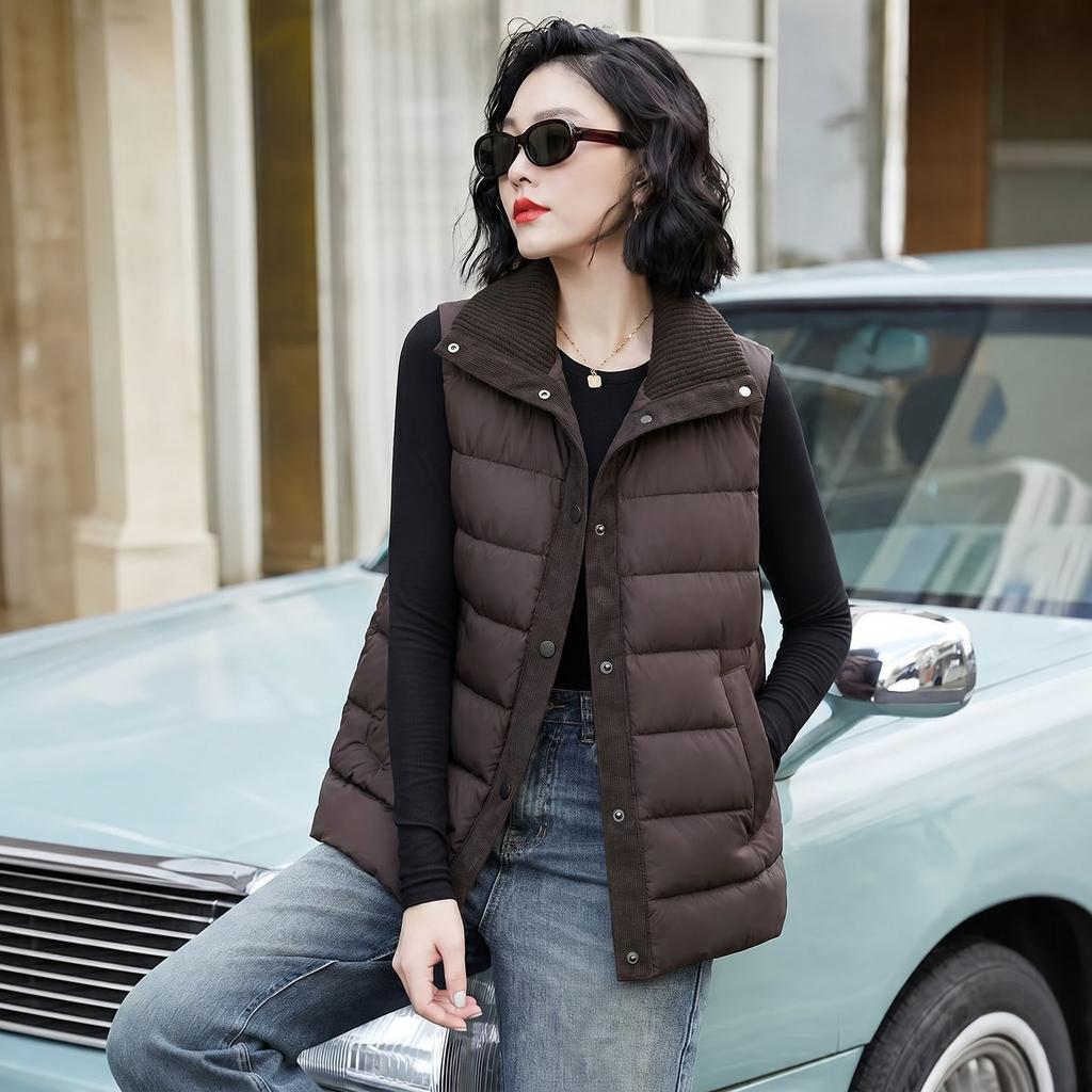 Winter New Korean Version Fashion Stand-up Collar Splicing Knitted Sleeves Light Down Cotton Clothes Warm Small Coat Women