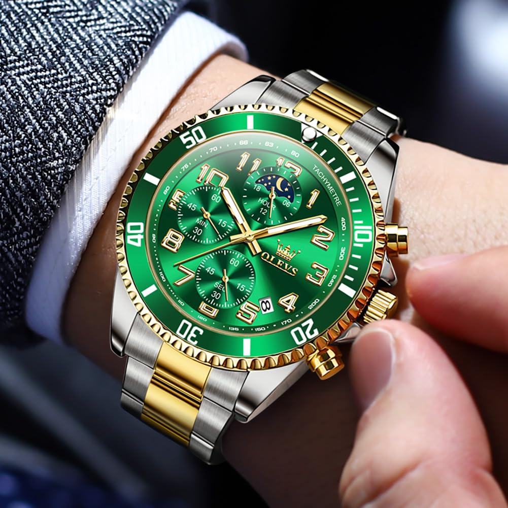 OLEVS Men's Watch, Gold and Silver, Analog, Quartz, Water-Resistant, Men's Watch, Green