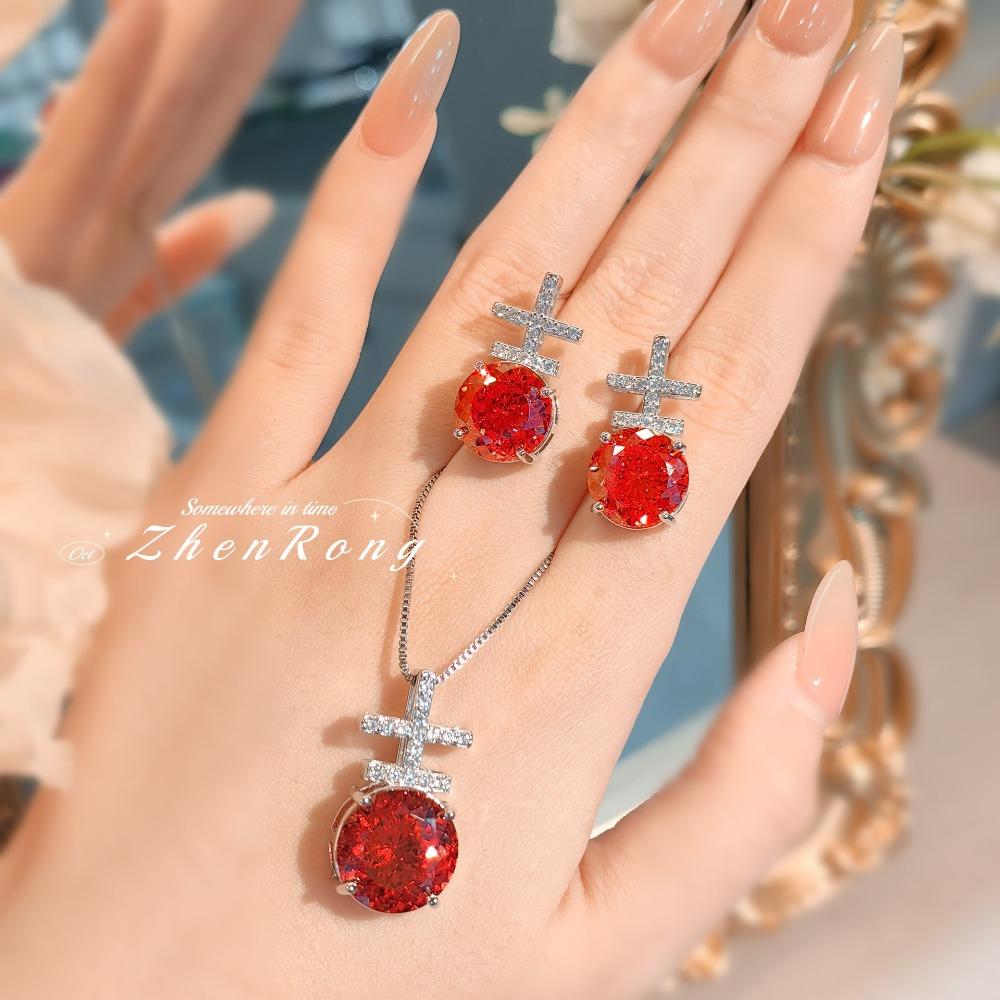 

Chinese Style Women Jewelry Set Red High Carbon Diamond Pendant Necklace and Pink Diamond Earrings Creative Design