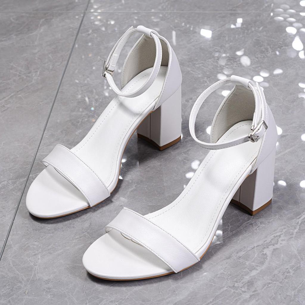 2026 Women's Plus Size Summer Sandals - One-Strap Chunky Heel, European American Style, White, 7.5cm Heels