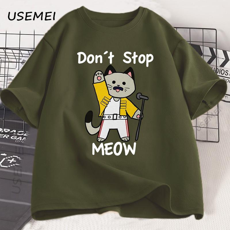 Don't Stop Meow T-Shirt Funny Cat Printed T Shirt Man Vintage Music Cotton Men's T-shirts Casual Unisex Short Sleeve Man