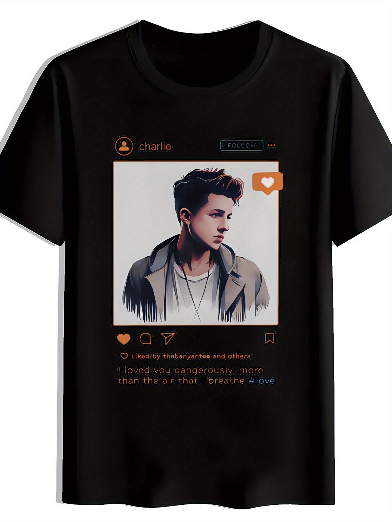 Casual Short Sleeve T-shirt with Charlie Puth Portrait & Social Media Graphic Print - Black Polyester Round Neck Tee for Summer XL