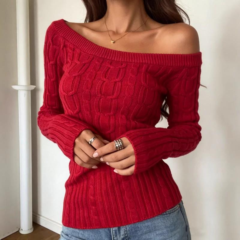 Womens One Shoulder Twist Knit Sweater Slim Fit Long Sleeve Fashion Top Street Style