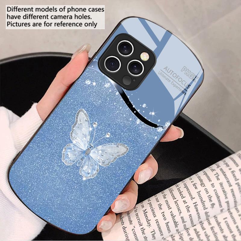 Gradient Diamond Butterfly For IPhone 16 Pro Max 16e 15 Pro 14 13 12 Mini 11 XS Max XR 7 8 Plu SE 22 Elliptical glass phone case