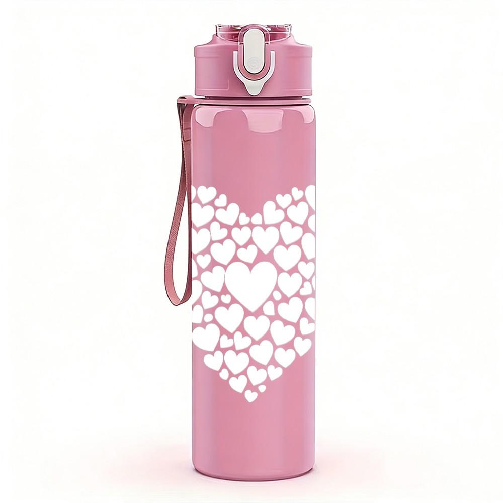 1PC Plain White Hollow Heart Line Print 750ml Color Plastic Sports Water Bottle Leakproof Flip Straw Lid Suitable for Sports Office Home Use
