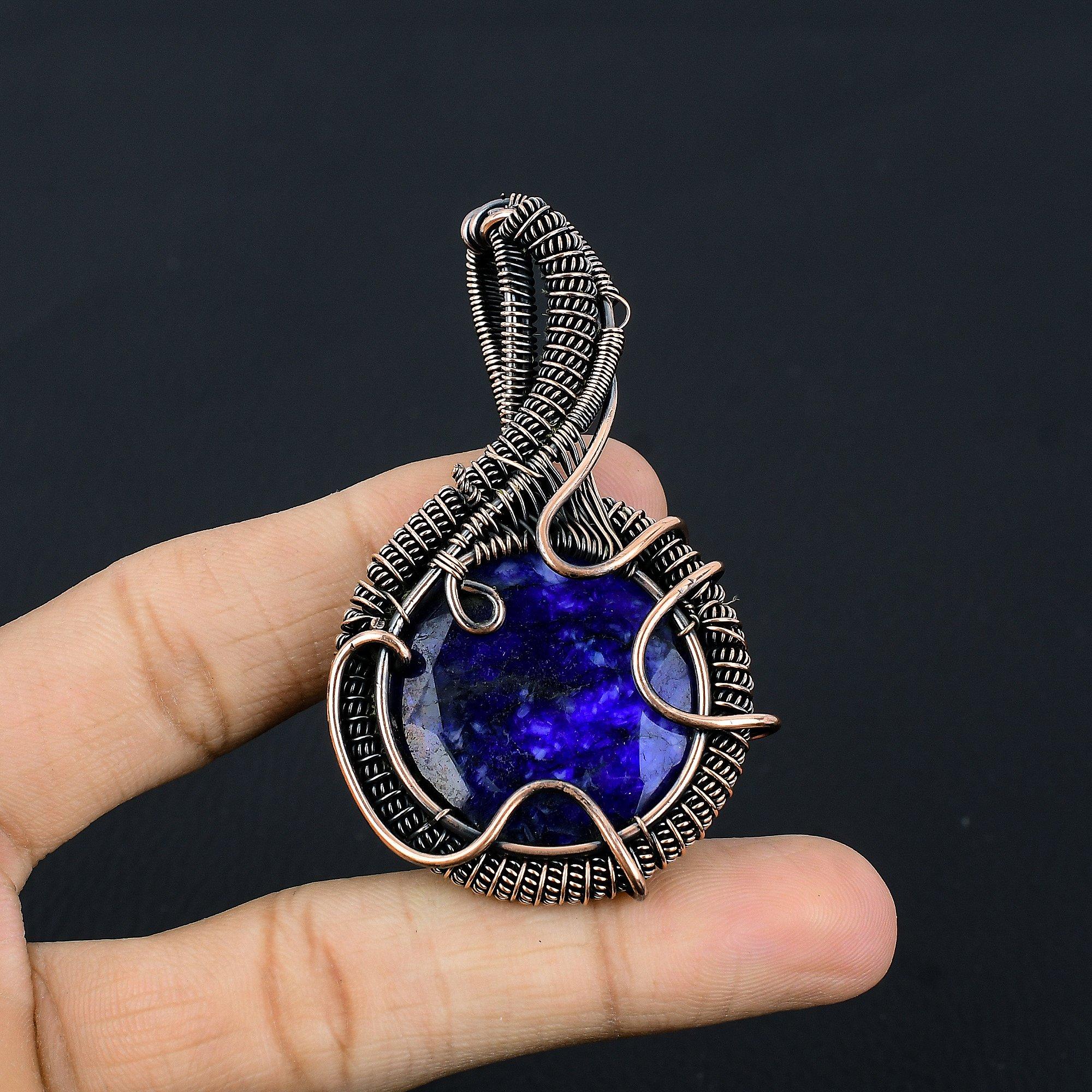 

Кулон с синим сапфиром, Кулон с драгоценным камнем ручной работы, Кулон, обернутый медной проволокой 999 пробы, Антикварное украшение, Для подарка на помолвку 2.55 Inches